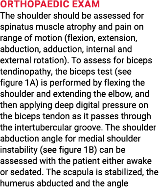 Orthopaedic exam The shoulder should be assessed for spinatus muscle atrophy and pain on range of motion (flexion, ex   