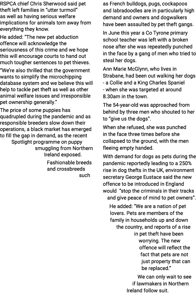 RSPCA chief Chris Sherwood said pet theft left families in  utter turmoil  as well as having serious welfare implicat   