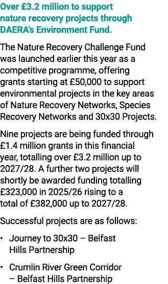 Over £3.2 million to support nature recovery projects through DAERA’s Environment Fund. The Nature Recovery Challenge...