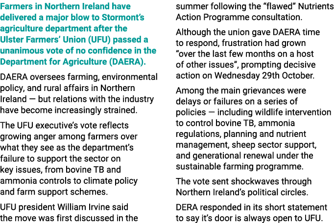 Farmers in Northern Ireland have delivered a major blow to Stormont’s agriculture department after the Ulster Farmers...