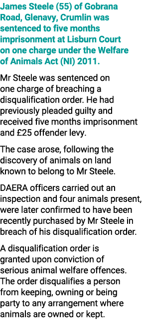 James Steele (55) of Gobrana Road, Glenavy, Crumlin was sentenced to five months imprisonment at Lisburn Court on one...