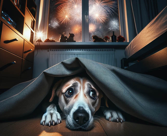 Close up photo of dog hidden under bed afraid of fireworks. outside the window, it's possible to see fireworks in the sky.