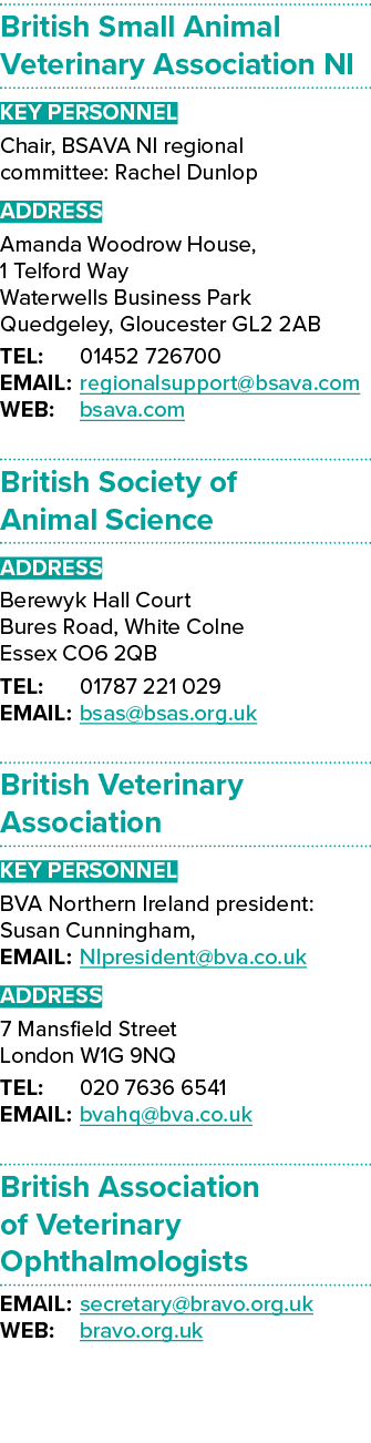 British Small Animal Veterinary Association NI Key Personnel Chair, BSAVA NI regional committee: Rachel Dunlop Addres   
