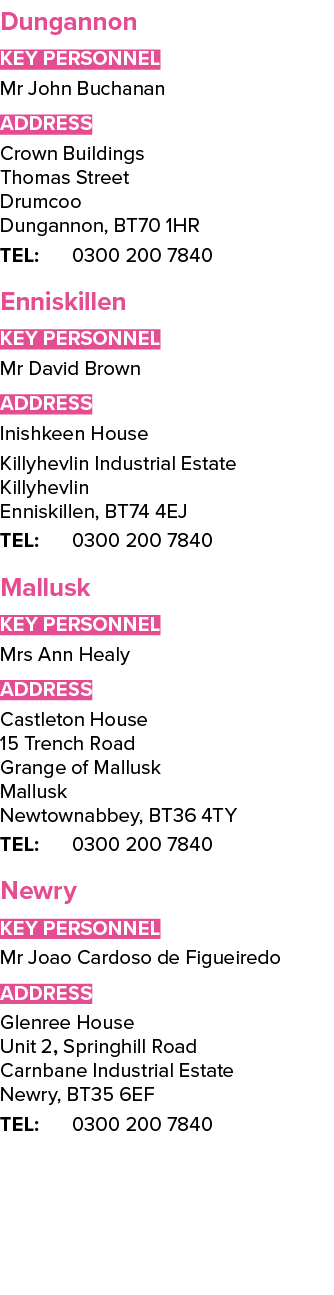 Dungannon Key Personnel Mr John Buchanan ADDRESS Crown Buildings Thomas Street Drumcoo Dungannon, BT70 1HR TEL: 0300    