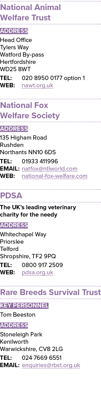 National Animal Welfare Trust ADDRESS Head Office Tylers Way Watford By-pass Hertfordshire WD25 8WT TEL: 020 8950 017   