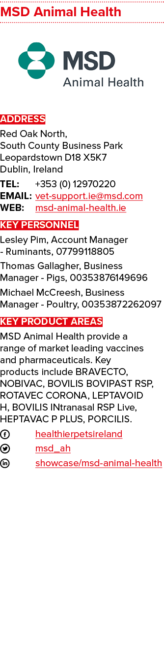 MSD Animal Health  ADDRESS Red Oak North, South County Business Park Leopardstown D18 X5K7 Dublin, Ireland TEL: +353    