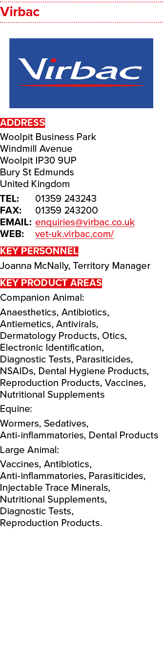 Virbac  ADDRESS Woolpit Business Park Windmill Avenue Woolpit IP30 9UP Bury St Edmunds United Kingdom TEL: 01359 2432   