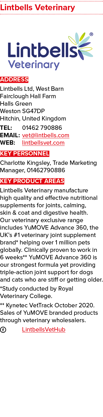 Lintbells Veterinary  ADDRESS Lintbells Ltd, West Barn Fairclough Hall Farm Halls Green Weston SG47DP Hitchin, United   