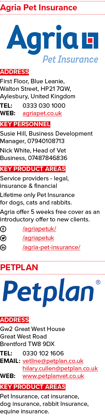 Agria Pet Insurance   ADDRESS First Floor, Blue Leanie, Walton Street, HP21 7QW, Aylesbury, United Kingdom TEL: 0333    