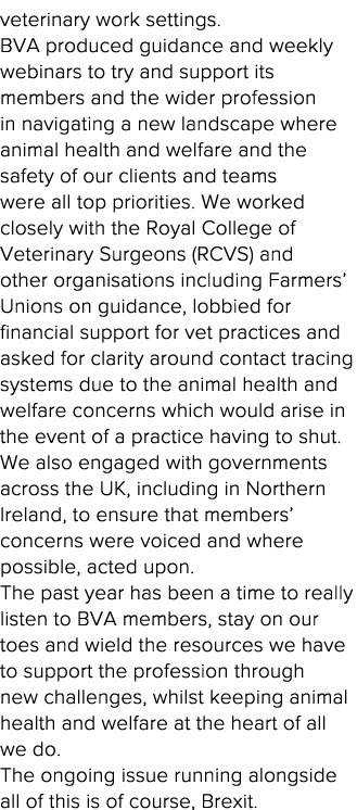 veterinary work settings  BVA produced guidance and weekly webinars to try and support its members and the wider prof   