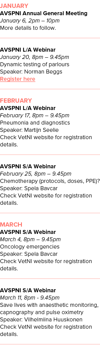 January AVSPNI Annual General Meeting January 6, 2pm   10pm More details to follow         AVSPNI L A Webinar January   