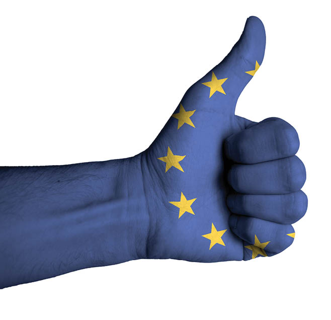 European flag on thumb up male hand during covid