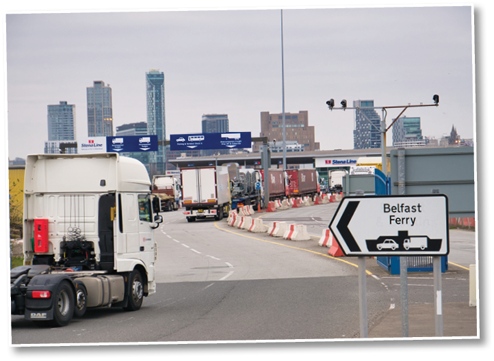 Wirral, UK - Apr 1 2021: A lorry tractor unit arriving and others queuing at the Stena Line roll on - roll off Liverpool to Belfast ferry Terminal in Birkenhead on the River Mersey 
