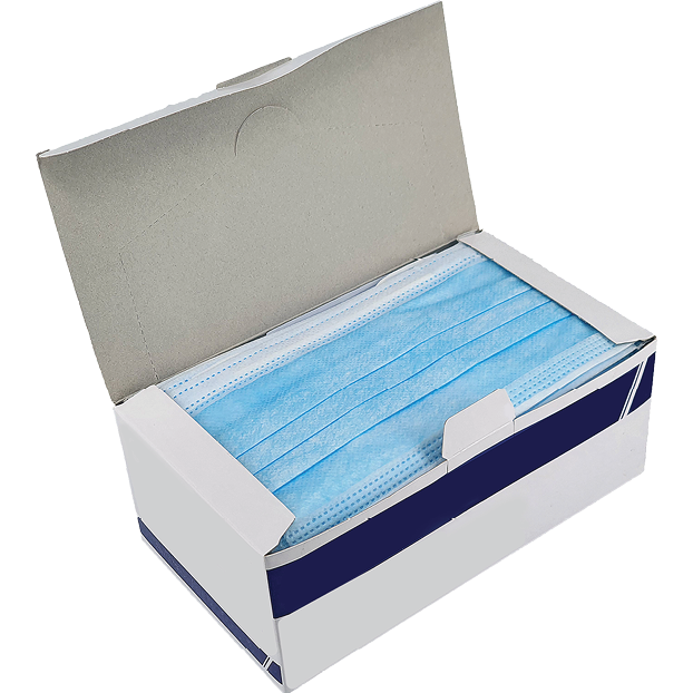 Three ply surgical mask in box, isolated in white background