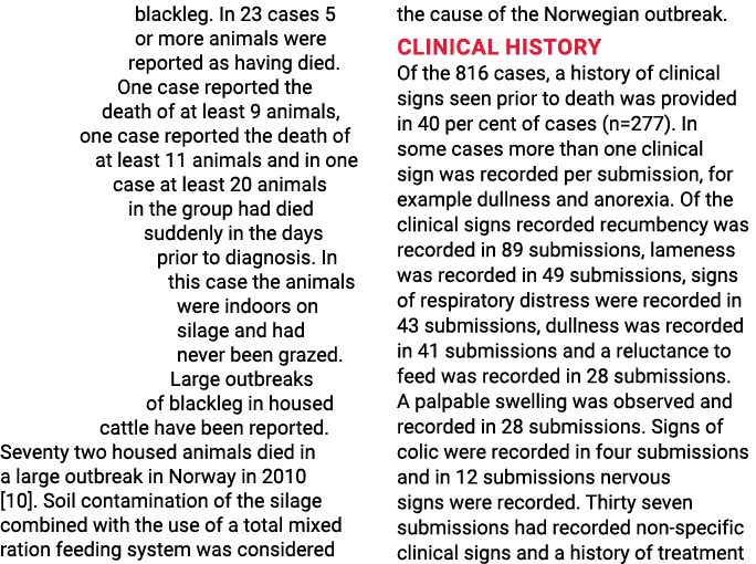 blackleg  In 23 cases 5 or more animals were reported as having died  One case reported the death of at least 9 anima   