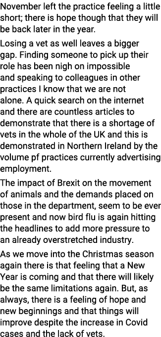 November left the practice feeling a little short; there is hope though that they will be back later in the year  Los   