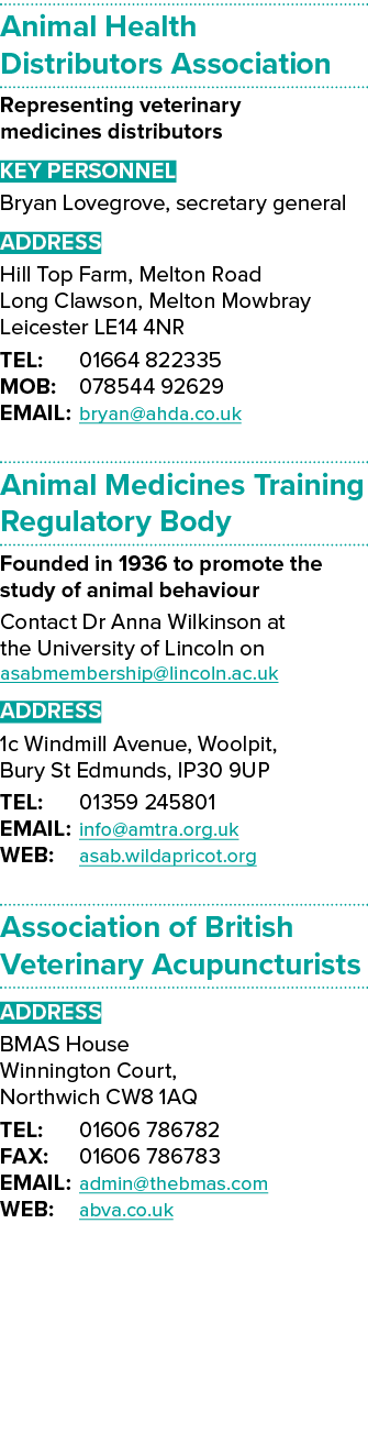 Animal Health Distributors Association Representing veterinary medicines distributors Key Personnel Bryan Lovegrove,    