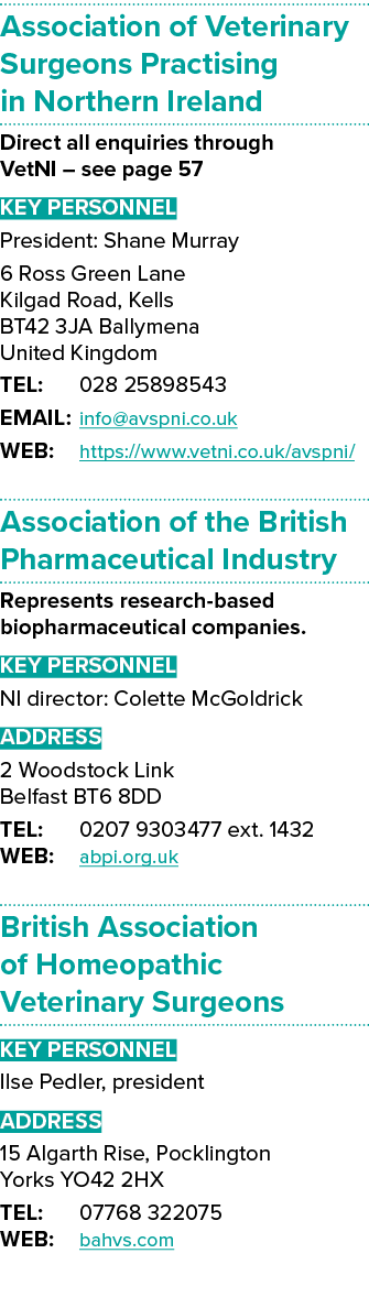 Association of Veterinary Surgeons Practising in Northern Ireland Direct all enquiries through VetNI   see page 57 Ke   