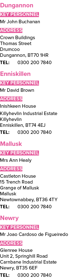 Dungannon Key Personnel Mr John Buchanan ADDRESS Crown Buildings Thomas Street Drumcoo Dungannon, BT70 1HR TEL: 0300    