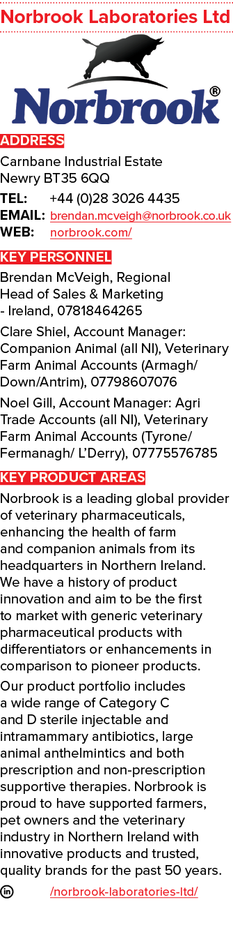 Norbrook Laboratories Ltd  ADDRESS Carnbane Industrial Estate Newry BT35 6QQ TEL: +44 (0)28 3026 4435 EMAIL: brendan    