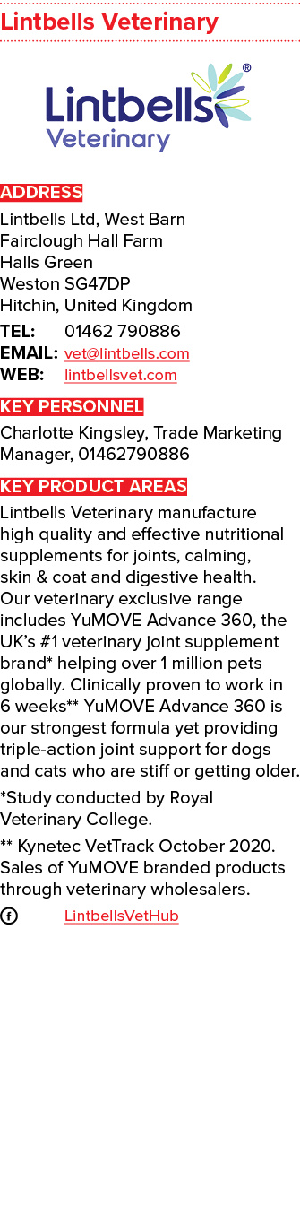 Lintbells Veterinary  ADDRESS Lintbells Ltd, West Barn Fairclough Hall Farm Halls Green Weston SG47DP Hitchin, United   