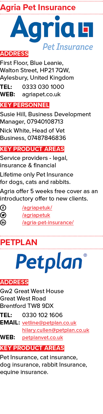 Agria Pet Insurance  ADDRESS First Floor, Blue Leanie, Walton Street, HP21 7QW, Aylesbury, United Kingdom TEL: 0333 0   