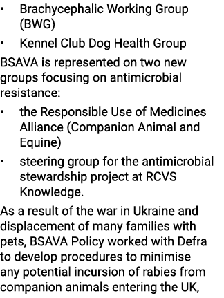 • Brachycephalic Working Group (BWG) • Kennel Club Dog Health Group BSAVA is represented on two new groups focusing o...