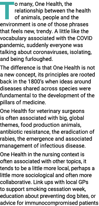 To many, One Health, the relationship between the health of animals, people and the environment is one of those phras...