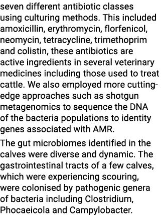 seven different antibiotic classes using culturing methods. This included amoxicillin, erythromycin, florfenicol, neo...