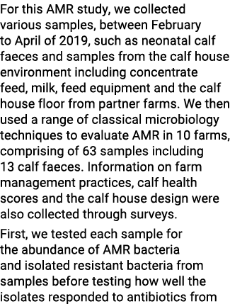 For this AMR study, we collected various samples, between February to April of 2019, such as neonatal calf faeces and...