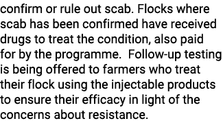 confirm or rule out scab. Flocks where scab has been confirmed have received drugs to treat the condition, also paid ...