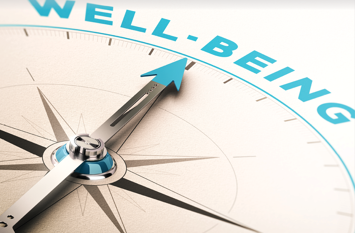 Compass with needle pointing the word well-being. 3D illustration with blur effect. Concept of wellbeing or wellness 