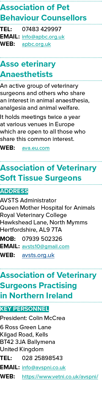 Association of Pet Behaviour Counsellors TEL: 07483 429997 EMAIL: info@apbc.org.uk WEB: apbc.org.uk Asso eterinary An...