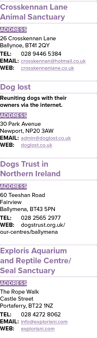 Crosskennan Lane Animal Sanctuary ADDRESS 26 Crosskennan Lane Ballynoe, BT41 2QY TEL: 028 9446 5384 EMAIL: crosskenna...