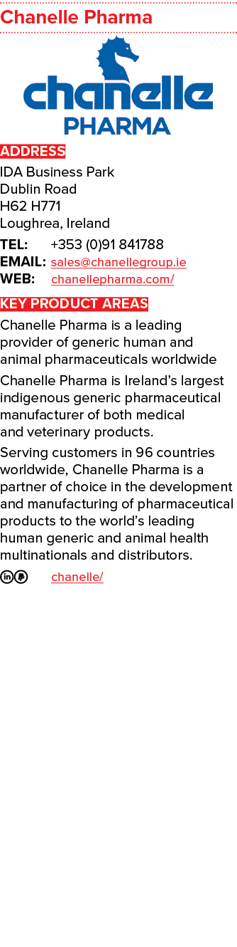Chanelle Pharma ￼ ADDRESS IDA Business Park Dublin Road H62 H771 Loughrea, Ireland TEL: +353 (0)91 841788 EMAIL: sale...