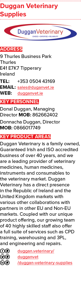 Duggan Veterinary Supplies ￼ ADDRESS 9 Thurles Business Park Thurles E41 E7K7 Tipperary Ireland TEL: +353 0504 43169 ...