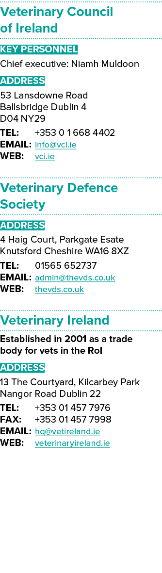 Veterinary Council of Ireland Key Personnel Chief executive: Niamh Muldoon ADDRESS 53 Lansdowne Road Ballsbridge Dubl...