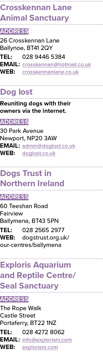 Crosskennan Lane Animal Sanctuary ADDRESS 26 Crosskennan Lane Ballynoe, BT41 2QY TEL: 028 9446 5384 EMAIL: crosskenna...
