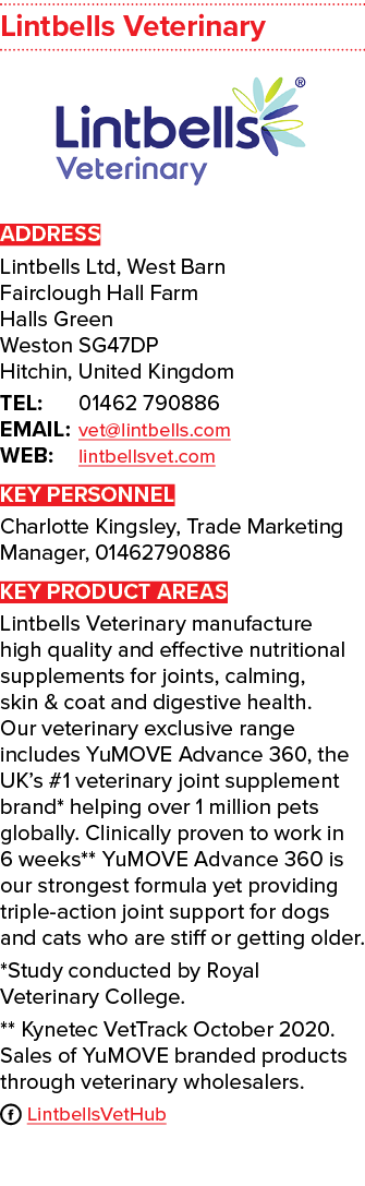 Lintbells Veterinary ￼ ADDRESS Lintbells Ltd, West Barn Fairclough Hall Farm Halls Green Weston SG47DP Hitchin, Unite...